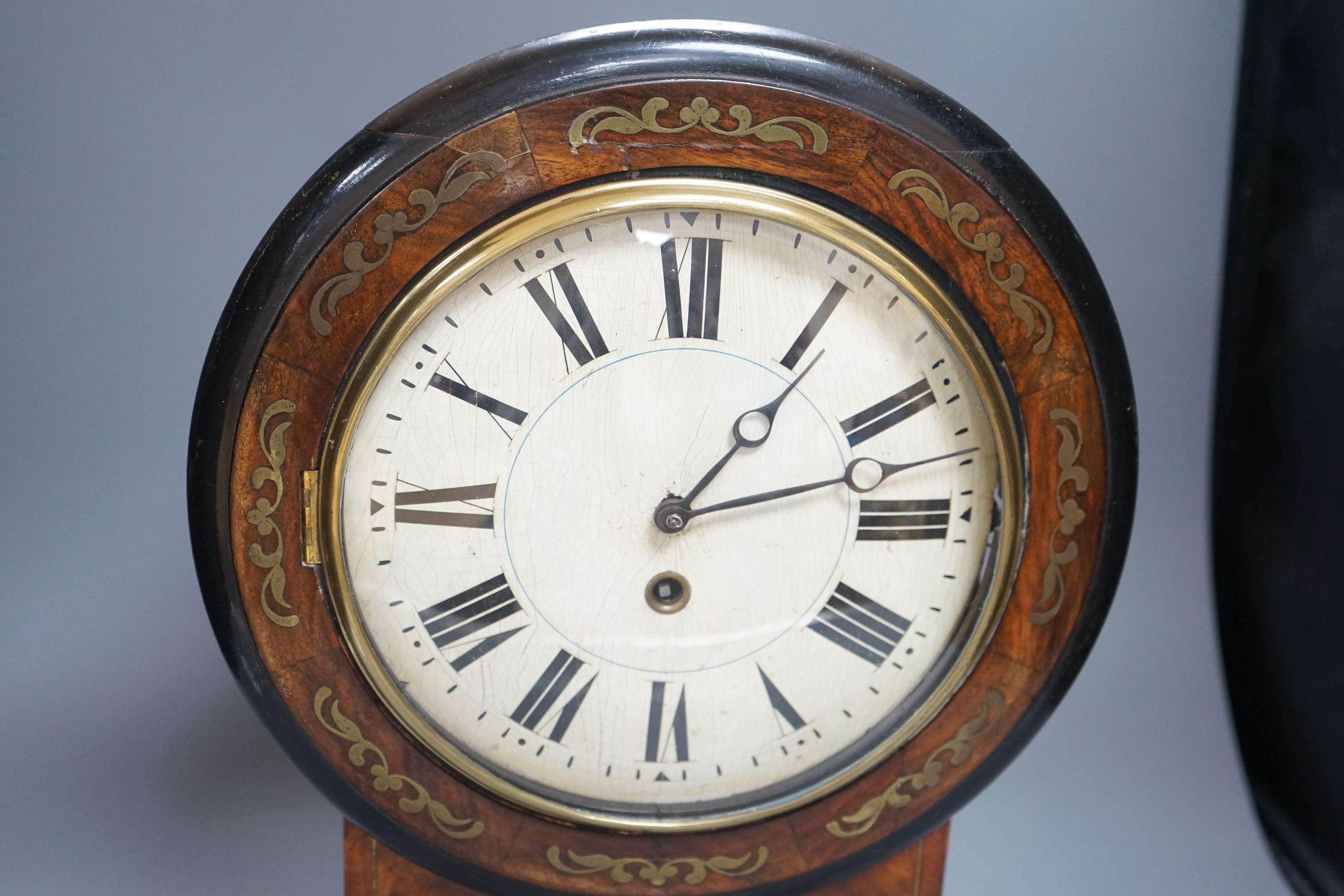 A 19th century Black Forest walnut and brass inlaid wall dial timepiece, 44cm high